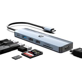 محور USB C، قاعدة توصيل USB 7 في 1، HDMI عالي الوضوح 4K، توصيل طاقة 100 وات، منافذ USB 3.0، منافذ USB 2.0 مزدوجة، قارئ بطاقة SD/TF، ​​متوافق مع iMac، Surface، XPS، Thinkpad