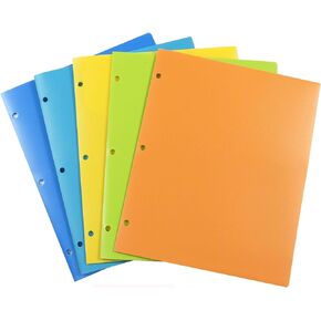 Burostyle Plastic 3 Hole Punch Folders with 2 Pockets, Assorted Color Plastic File Folders, Pack of 5
