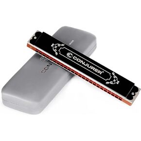 CONJURER Tremolo Harmonica for Kids Adult Beginners 24 Hole Harmonica in C Key Phosphor Bronze Sound Spring Mouth Organ Harp with Case, Key of C Black