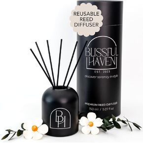 Reusable Reed Diffuser, Clean Cotton - Matte Black Flower Scent Diffuser Set - Essential Oil and 6 Oil Diffuser Sticks - Reed Diffusers for Home, Bedroom Decor, Diffuser for Office - 150ml