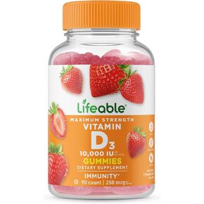 Lifeable Vitamin D3 10000 IU - Great Tasting Natural Flavor Gummy Supplement - Gluten Free Vegetarian GMO-Free Chewable - for Strong and Healthy Bones - for Adults, Men, Women - 90 Gummies