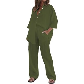 Women's 2 Piece Outfits Sets Button Down Half Sleeve Shirts and Long Pants Pajama Sets Summer Casual Loungewear