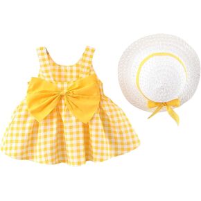 Camidy Infant Baby Girl Polka Dots Bowknot Dress Sleeveless Sundress with Straw Hat