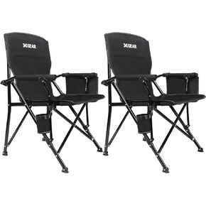 XGEAR 2-Pack Camping Chair with Padded Hard Armrest, Sturdy Folding Camp Chair with Cup Holder, Storage Pockets Carry Bag Included, Support to 400 lbs, Black
