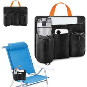 1PCS Beach Chair Cup Holder Black Camping Chair Side Pocket Organizer Beach Chair Accessories Camping Armrest Storage Bag Side Hanging Bag with 4 Pockets for Phone Water Bottle Sunglasses