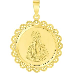14k Yellow Gold Round Ornate Miraculous Medal of Virgin Mary Pendant (1")