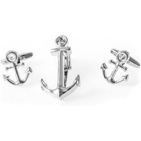 Anchor Pair of Cufflinks & Tie Bar Clip with Presentation Gift Box and Polishing Cloth