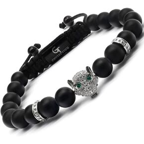 GT collection Handcrafted Leopard Beaded Bracelets for Men - Natural Stone Bracelets - Mens Bracelet with Stainless Steel Leopard Bead, Adjustable Cord, & Powerful Gemstones