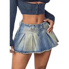 MakeMeChic Women's Low Waist Frayed Raw Hem Y2K Zipper Pleated Mini Skater Denim Skirt