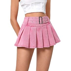 Women's Pleated Short Jean Skirt High Waist Buckle Belt A Line Y2k Denim Mini Skirt