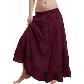 themilestocks Women Cotton 5 Tiered Maxi Skirt Long Summer Mopping Dress Ankle-Length Elastic Pleated Retro Beach