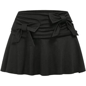 WDIRARA Women's Elastic Waist Bow Front Ruched Lettuce Trim A Line Mini Skirt