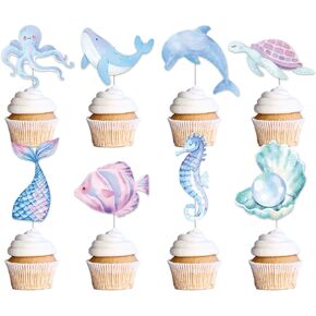 Under the Sea Party Decorations - 48PCS Ocean Animal Cupcake Toppers Under the Sea Party Cake Topper Decorations Cartoon Mermaid Tail Octopus Turtles Under the Sea Baby Shower Decor Supplies