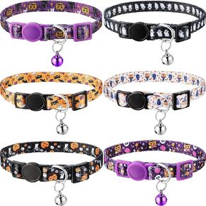 6 Pieces Halloween Cat Collar, Breakaway Cat Collars with Bell, Adjustable Pet Collar with Skull Pumpkin Patterns for Kitten Kitty Cat Halloween Party