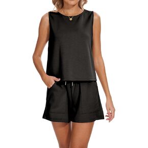 Women's Summer 2 Piece Outfits Short Sleeve Crew Neck Top Cropped High Waist Shorts Sets with Pockets