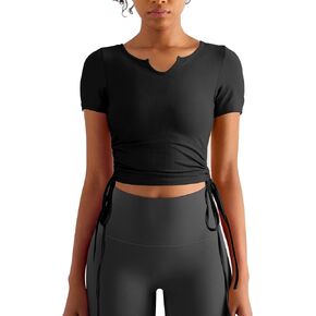 Jolefille Womens Workout T-Shirts Short Sleeve Crop Shirt V Neck Yoga Running Exercise Athletic Tee Top Drawstring