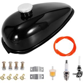 4L/1.06 Gallon Gallons Metal Gas Tank for Motorized Bicycle,Mini Bike Gas Tank Fuel Tank with Cap Spark Plug Petcock Fuel Line Filter for 2 stroke 49cc 50cc 60cc 66cc 80cc Engine Motorized Bicycle
