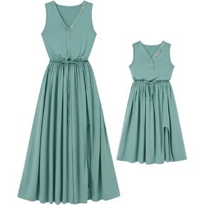 AWIBMK Mommy and Me Matching Dresses V Neck Split Tie Front Ruffle Dress Adjustable Drawstring Mom Daughter Outfits