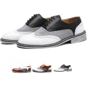 Men's Two Tone Patchwork Brogue Oxfords Shoes Fashion Classic Round-Toe Lace Up Low Top Leather Dress Shoes Hand Stitched Business Formal Derby Shoes