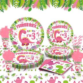 Girl Dinosaur 3nd Birthday Party Supplies, 202 Pcs Three Rex Pink Dinosaur Dino Party Decorations for 3 Year Old Girl - Table Cover, Plates, Cups, Napkins, Utensils, Serves 25 Guests