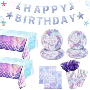 Mermaid Party Decorations, Mermaid Theme Party Supplies for 24 Guests, Disposable Mermaid Party Decorations Tableware Set, Plates, Napkins, Cups, Tablecloth with Banner