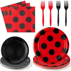 96Pcs Ladybug Party Plates Supplies - Red and Black Polka Dot Tableware Decorations Cute Lady Bug Disposable Paper Plates Napkins Forks for Kids Birthday Baby Shower, Serves 24 Guests