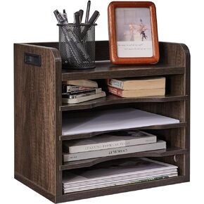 YMYNY Wooden Desktop File Organizer with Handle, Document Letter Mail Tray Sorter with 3 Adjustable Shelves, 5 Tiers Paper Holder for Home Office Desk, Black Gray,13.4 * 12.4 * 9.06" UHBC006G