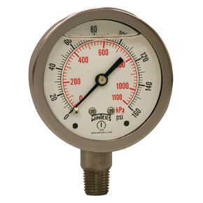 Winters 2-1/2" Dial Size, Liquid Filled Industrial Pressure Gauge, Stainless Steel Case and Internals, Dual Scale 0-160 psi/kPa, 1.5% Acc, 1/4" NPT Bottom Mount, Glycerin Filled Pressure Gauge