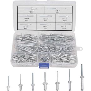 binifiMux 205pcs Aluminum Blind Rivets,7 Sizes,Pop Rivets Assortment Kit, Silver Tone