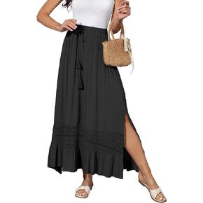 Women's Summer Maxi Skirt Elastic High Waist Boho Beach Skirt A Line Long Skirt Lace Trim Flowy Long Skirt