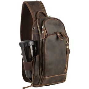 Fshsup Leather Sling Bag for Men,Sling Bag for Men Crossbody Tactical Shoulder Bag for Men Vintage Backpack Women fit 11 inch ipad Dark Brown