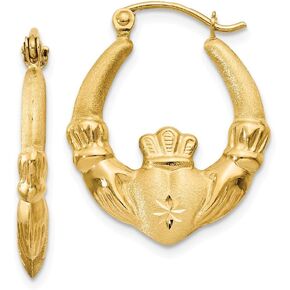 Solid 14K Yellow Gold Polished & Satin Claddagh Hoop Earrings in Saudi Arabia