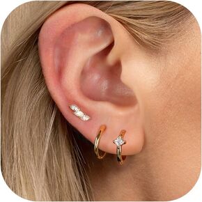 XOZEU 3 Pairs 925 Sterling Silver Earrings for Women Teens Stackable | Dainty Stud Huggie Hoop Earrings Hypoallergenic | 14k Gold Cartilage Earrings Small Hoop Earrings Sets for Multiple Piercing