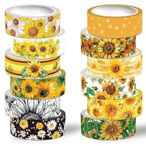 Sunflower Washi Tape Set,12 Rolls Floral Decorative Tape Yellow Summer Sun Flowers Masking Tape for Journaling Supplies, Junk Journal, Scrapbooking, DIY Arts & Crafts, Planner,Gift Wrapping