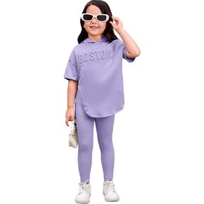 Floerns Girls 2 Piece Outfit Letter Pattern Short Sleeve Hooded Tee with Legging Set