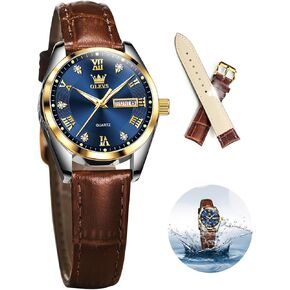 OLEVS Classic Leather Watches for Women, Business Dress Diamond Roman Arabic Numerals Ladies Watches, Day Date Waterproof Analog Quartz Womens Wrist Watches Brown Leather Strap Relojes para Mujer