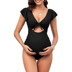ZAFUL 2024 Maternity One Piece Swimsuit for Women Swim Suits Tie Front Tummy Control Bathing Suits Ruffle Swimsuits
