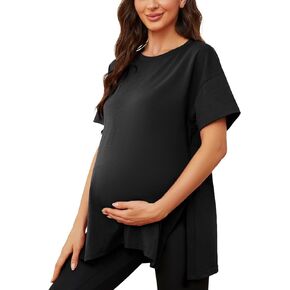 Liu & Qu Womens Maternity Shirts Short Sleeve Split Side Casual Pregnancy Clothes Crewneck Loose Maternity Tops