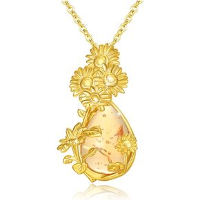 OHAYOO Gold Sunflower Necklace 925 Sterling Silver Amber Sunflower Pendant Necklace Sunflower Jewelry Gift Women Girls
