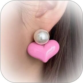 Imitation-pearl Heart Earrings for Women Exaggerated Pink Black Earrings Enamel Pearl Heart Earrings Jewelry Gift for Girls Party