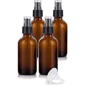 JUVITUS 4 oz Amber Glass Boston Round Bottle with Black Treatment Pump (4 pack) + Funnel