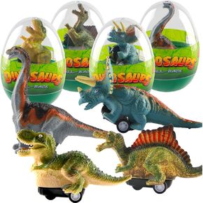4 Pack Prefilled Easter Eggs with Dinosaur Pull Back Cars, Jumbo Plastic Easter Eggs with Toys Inside for Easter Basket Stuffers, Party Favors Gifts for Toddler Kids Boys Girls