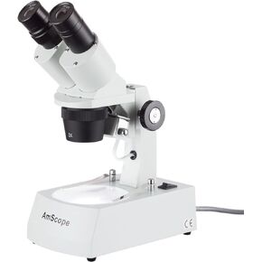 AmScope SE306R-AZ Forward-Mounted Binocular Stereo Microscope, WF10x and WF20x Eyepieces, 20X/40X/80X Magnification, 2X and 4X Objectives, Upper and Lower Halogen Lighting, Reversible Black/White Stage Plate, Arm Stand, 120V