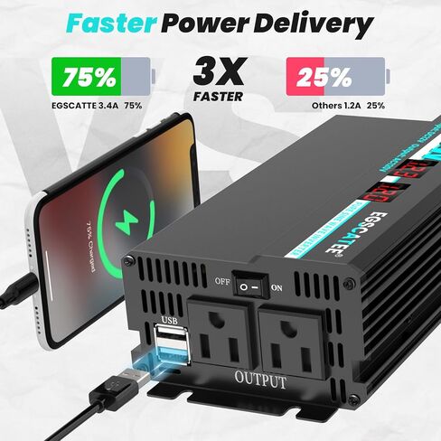 1000W Pure Sine Wave Inverter - 12V DC to 110V/120V AC Car Power Converter with 2 AC Outlets, USB Port, Type-C Port, LCD Display Power Inverter for Car, Truck, Home, Vehicles, Laptop in Saudi Arabia