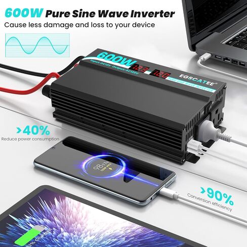 1000W Pure Sine Wave Inverter - 12V DC to 110V/120V AC Car Power Converter with 2 AC Outlets, USB Port, Type-C Port, LCD Display Power Inverter for Car, Truck, Home, Vehicles, Laptop in Saudi Arabia