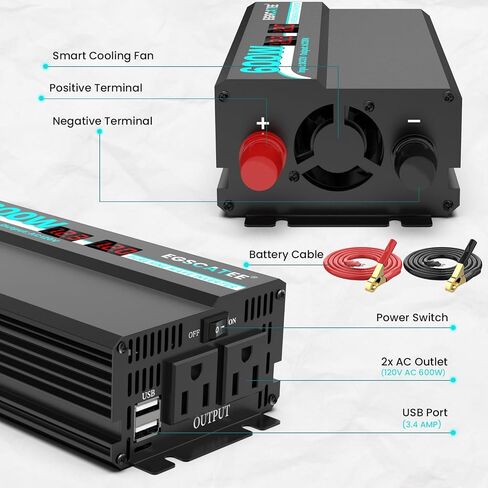 1000W Pure Sine Wave Inverter - 12V DC to 110V/120V AC Car Power Converter with 2 AC Outlets, USB Port, Type-C Port, LCD Display Power Inverter for Car, Truck, Home, Vehicles, Laptop in Saudi Arabia