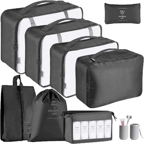 Packing Cubes - 9 PCS Travel Luggage Organizers Set Waterproof Suitcase Organizer Bags Clothes Shoes Cosmetics Toiletries Storage Bags(Black) in Saudi Arabia