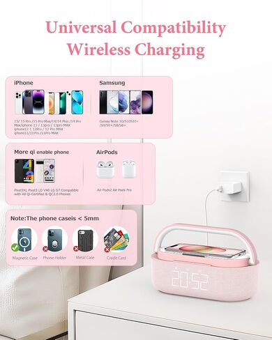 ساعة منبه ومكبر صوت بلوتوث وشاحن لاسلكي بجانب السرير والمنزل والمكتب | راديو FM، ضوء ليلي LED قابل للتعديل، مكبر صوت محمول 6 في 1 لغرفة النوم بقدرة 2500 مللي أمبير في الساعة، حامل هاتف in Kuwait
