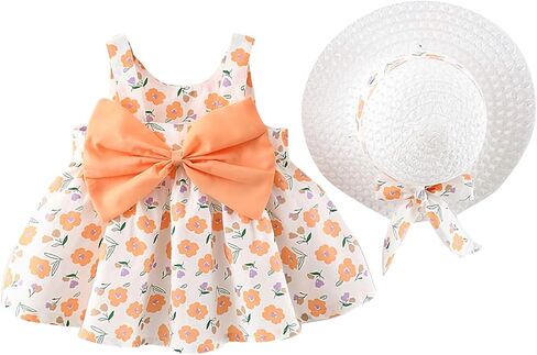 Camidy Infant Baby Girl Polka Dots Bowknot Dress Sleeveless Sundress with Straw Hat in Saudi Arabia