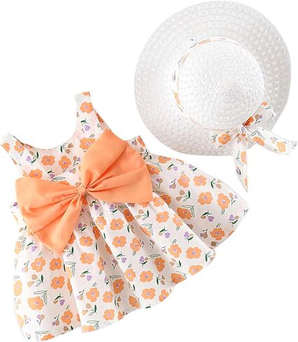 Camidy Infant Baby Girl Polka Dots Bowknot Dress Sleeveless Sundress with Straw Hat in Saudi Arabia